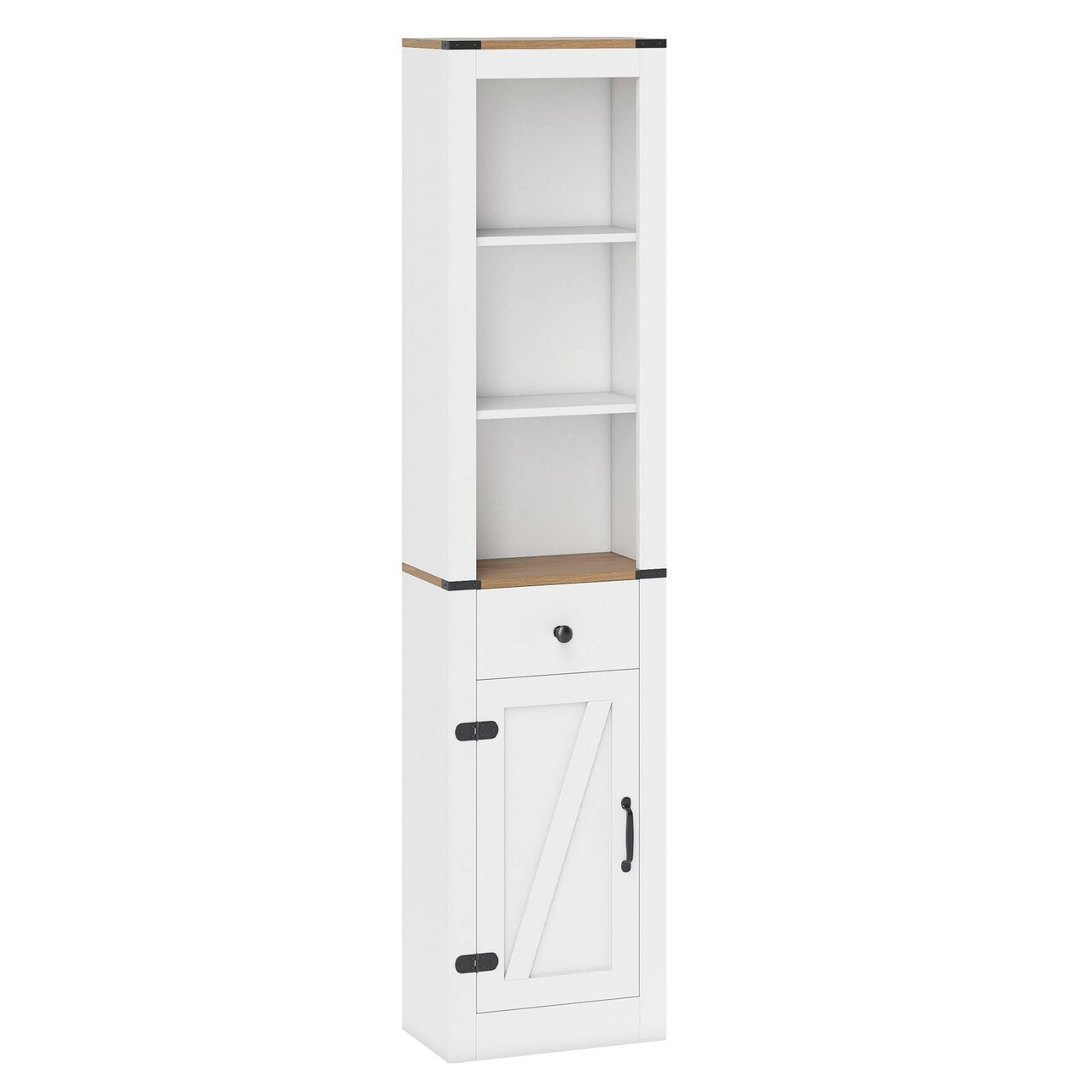 White-Natural Wood Farmhouse Tall Bathroom Cabinet with Adjustable Shelves and Drawer